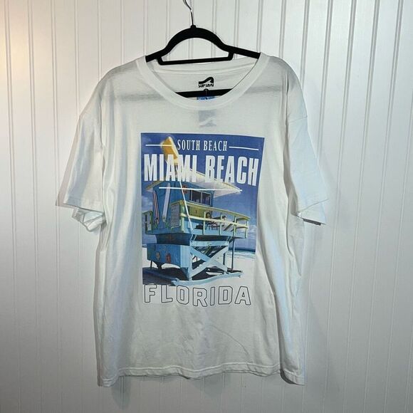 South Beach Miami Beach Florida Tee Mens XLarge White Blue Graphic Surf Style - Picture 1 of 10